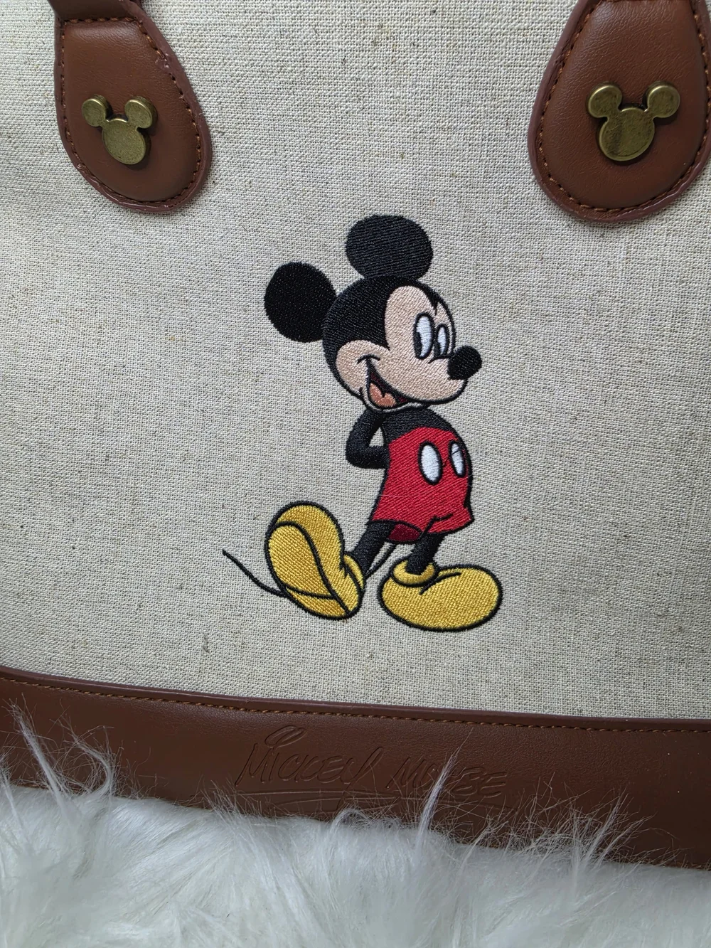 Disney Mickey Canvas Satchel Bag in Brown and Cream